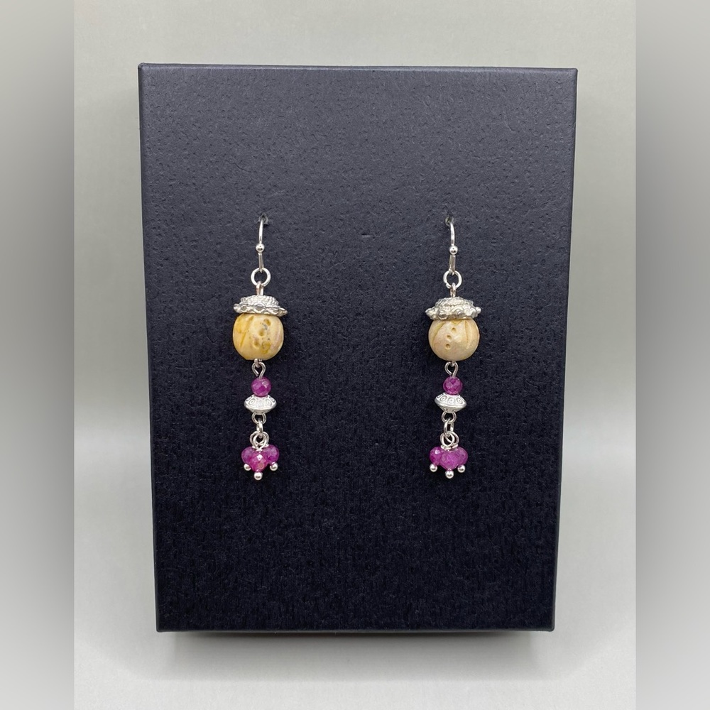 🌹Ruby and Carved Soapstone Bohemian Earrings
